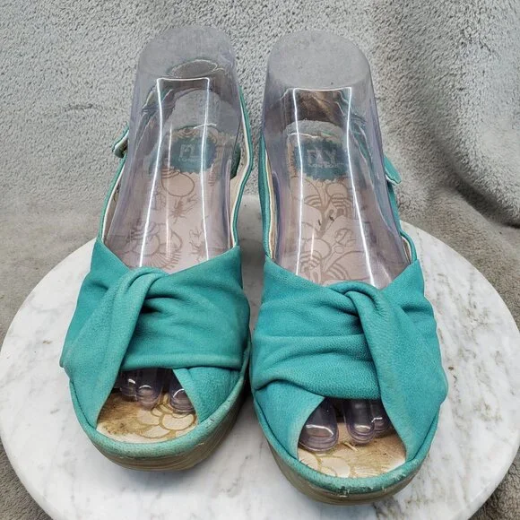Fly London Shoes Womens Size EU38 US 7.5 Yakin Teal Leather Wedge Sandals *Read* - Picture 3 of 10